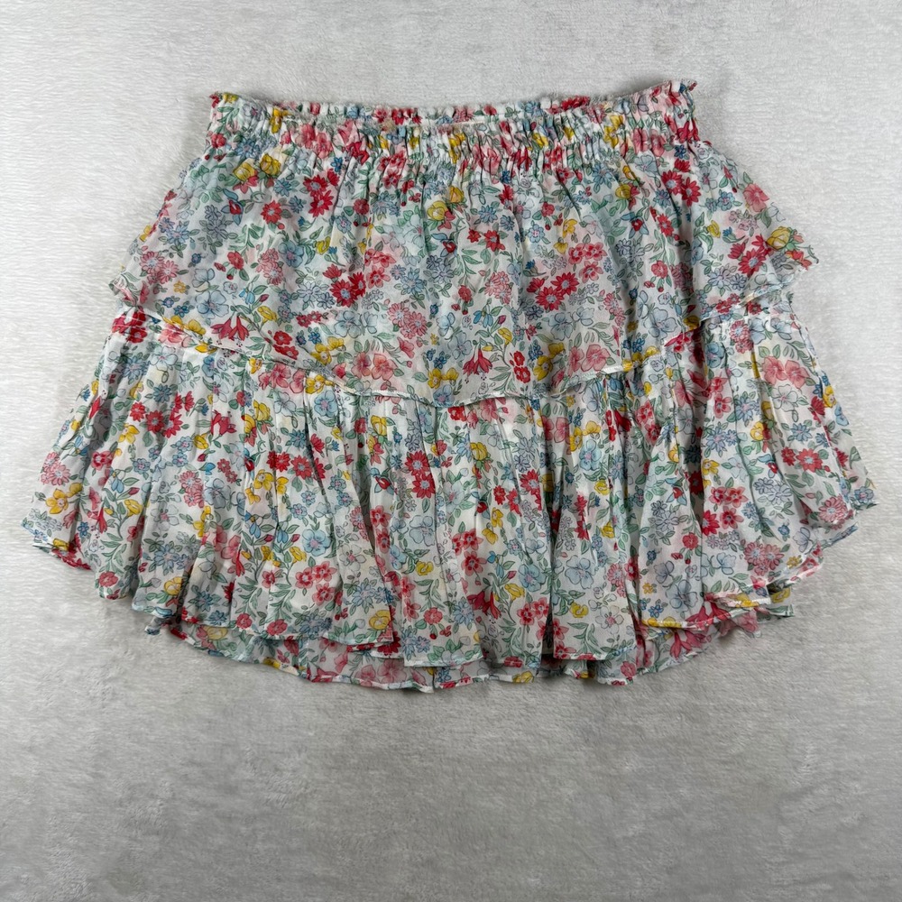 LoveShackFancy White Pink Blue Floral Ruffle Smocked Mini Skirt Womens M